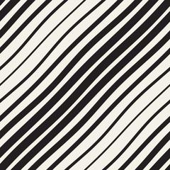 Vector seamless black and white hand drawn diagonal wavy lines pattern. Abstract freehand background design