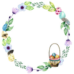Hand drawing easter watercolor. Frame with basket of eggs and flowers