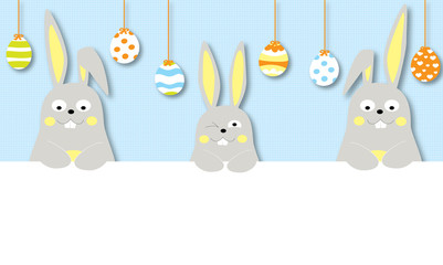 Cute Easter banner with cartoon happy Easter bunnies, colorful easter-eggs and blue background / vectors for children 