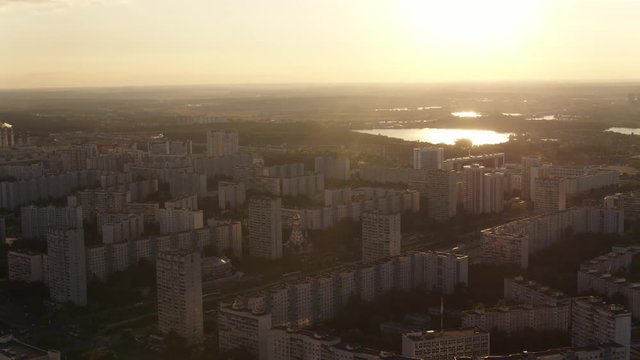 Aerial view Sunrise and Moscow district Strogino 4k