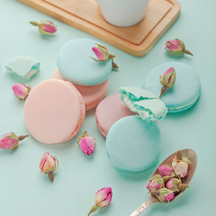 Coffee cup and colorful macaron on pastel  background top view. Cozy morning breakfast.