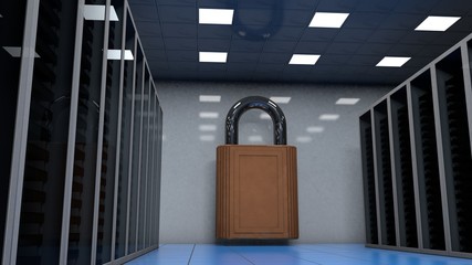 Server Room with Server and a Safety Lock at the Wall, symbolizing Servers, Cloud Computing, Data Storage, E-Mail and many other things in modern Computer Technologies.