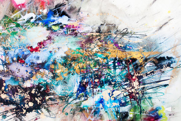 Abstraction. Watercolor, gouache,  paper,  spot, stripe, gold pigment . Author's technique.