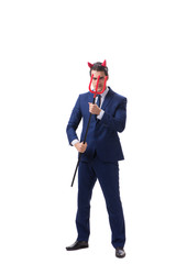 Evil devil businessman with pitchfork isolated on white backgrou