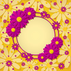 Beautiful bright round frame with 3d pink and purple paper cut out flowers on yellow background. Paper art design. Vector illustration