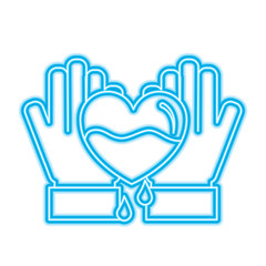 hands holding blood heart support hemophilia awareness vector illustration neon blue design