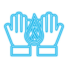 hands with drop blood and ribbon hemophilia care vector illustration neon blue design