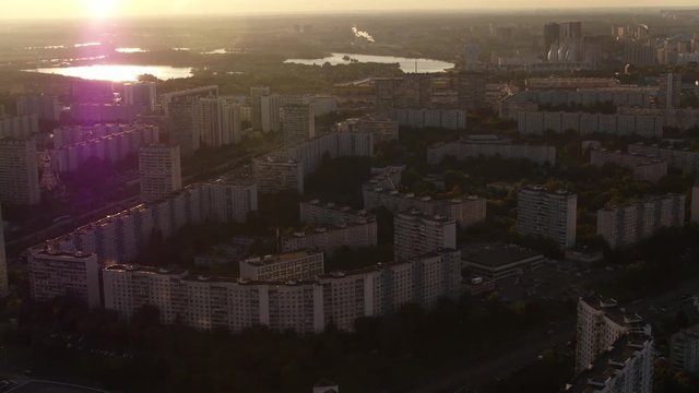 Aerial view Sunrise and Moscow district Strogino 4k