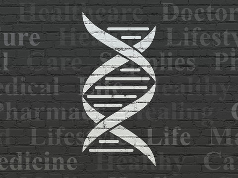 Health concept: Painted white DNA icon on Black Brick wall background with  Tag Cloud