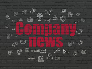 News concept: Painted red text Company News on Black Brick wall background with  Hand Drawn News Icons