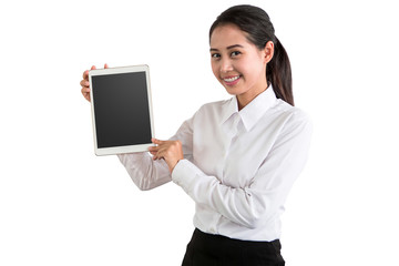 Smiling beautiful Asian business woman showing blank tablet pc screen