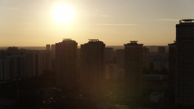 Aerial view Sunrise and Moscow district Strogino 4k