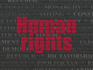 Politics concept: Painted red text Human Rights on Black Brick wall background with  Tag Cloud