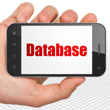 Database concept: Hand Holding Smartphone with red text Database on display, 3D rendering