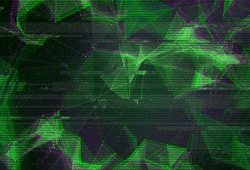Abstract polygonal space low poly background. Connecting dots and lines in triangular structures. Illustration with trendy glitched effect, dead pixels, noise, binary code. Network, crystal cell conce