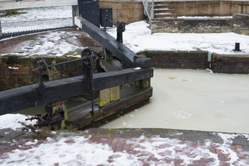 frozen wood canal lock gate