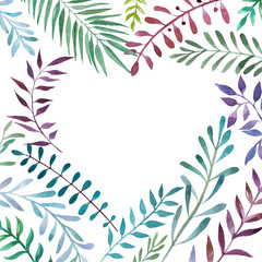 Hand drawn watercolor illustration of botanical branches. Decorative graphic frame in shape of heart for wedding branding, invitations, greeting card. Isolated on white background. Place for text.