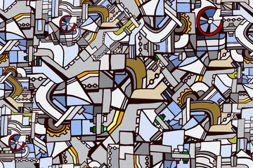 Abstract technical seamless pattern with sketch elements. Vector background with decorative industrial or machine pipes and wheels. Hand drawn.