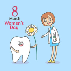 Women's Day March 8. Cartoon tooth holding a flower daisy and gives it to dentist woman. Dentistry greeting card with a text. Dental care or treatment. Illustration for invitation women.