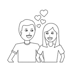 happy couple embraced together relationship hearts love vector illustration dotted line design