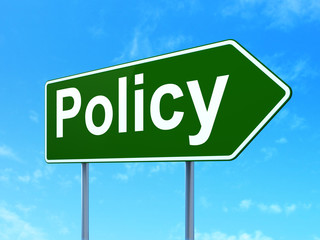 Insurance concept: Policy on green road highway sign, clear blue sky background, 3D rendering