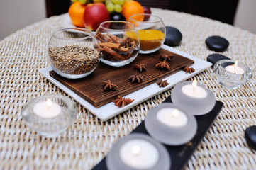 spices - turmeric, star anise, cinnamon, cloves, allspice Spa. Aromatherapy, stone therapy.