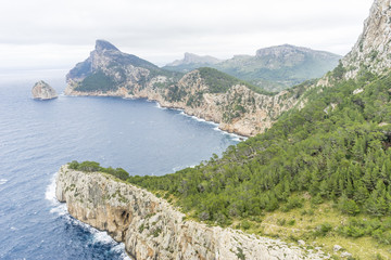 Fototapeta na wymiar Cape formentor on the island of Majorca in Spain. Cliffs along the Mediterranean Sea