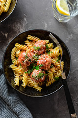 Fusilli Pasta with meatballs.