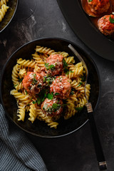 Fusilli Pasta with meatballs.