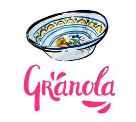 Granola lettering pink logo design with hand drawn watercolor ornamented bowl