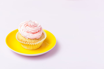 Cupcake decorated with pink buttercream in bright yellow plate on pastel pink background. Sweet beautiful cake. Horizontal banner, greeting card, congratulation. Close up photography. Selective focus