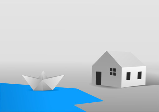 A paper boat saling in a lake close to a paper house. Vector illustration