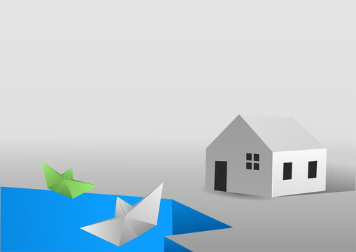 Paper landscape with paper boats a paper house falling trhough an empty  lake. Vector illustration