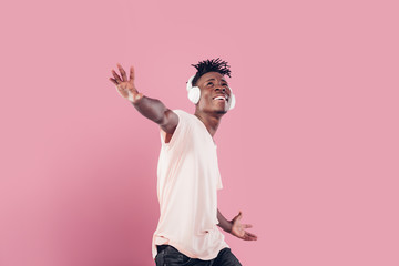 African-American man in headphones listening to music