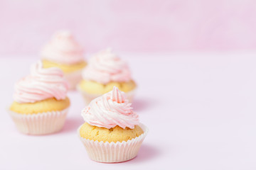 Cupcake decorated with pink buttercream on pastel pink background. Sweet beautiful cake. Horizontal banner, greeting card for birthday, wedding, women's day. Close up photography. Selective focus
