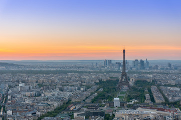 Top view of the Eiffel tower after sunset