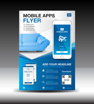 Mobile Apps Flyer template. Business brochure flyer design layout. smartphone icon mockup. application presentation. furniture magazine ads. Blue cover. poster. leaflet. advertisement. in A4