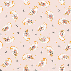 Seamless pattern with small feathers on pink cute background.