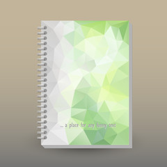 vector cover of diary or notebook with ring spiral binder - format A5 - layout brochure concept - light green and gray colored -  polygonal triangle pattern