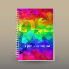 vector cover of diary or notebook with ring spiral binder - format A5 - layout brochure concept - neon rainbow full color spectrum -  polygonal triangle pattern