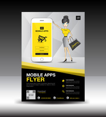 Mobile Apps Flyer template. Business brochure flyer design layout. smartphone icon mockup. application presentation. Magazine ads. Yellow cover. poster. leaflet. advertisement. pretty girl Vector.