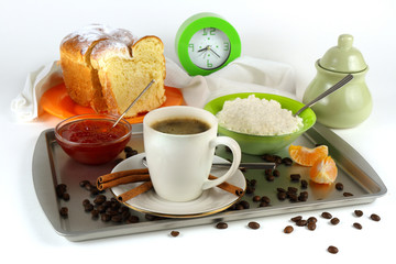 Breakfast with coffee, bread, curd and jam