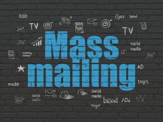 Marketing concept: Painted blue text Mass Mailing on Black Brick wall background with  Hand Drawn Marketing Icons