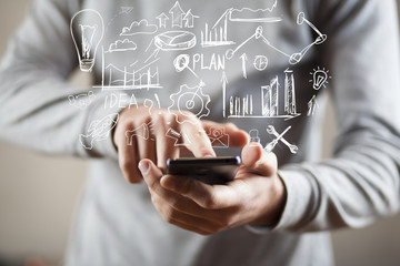 man hand tablet with icon plan in screen