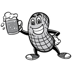 Peanut and Beer Illustration - A vector cartoon illustration of a Peanut mascot with a beer.