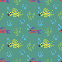 vector red and yellow strange children's fish float to the left along the green sea