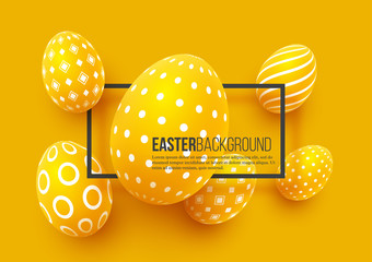 Naklejka premium Abstract Easter yellow background. Decorative 3d eggs with frame. Vector illustration.