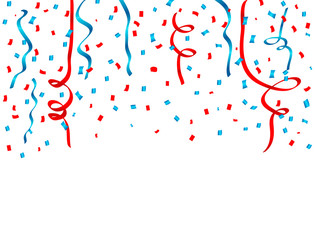 USA celebration red and blue confetti and Ribbons Falling. Concept in national colors for American independence day, celebration event & birthday isolated on white background. Vector illustration.