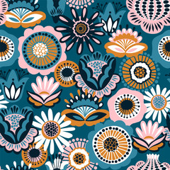 Folk floral seamless pattern. Modern abstract design