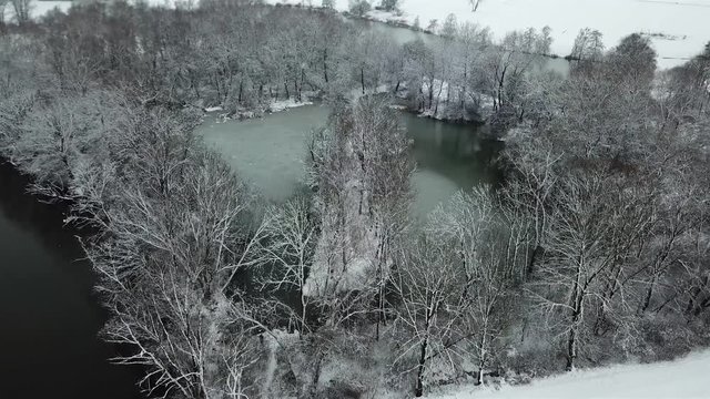 Flying over a typical winter landscape in Germany